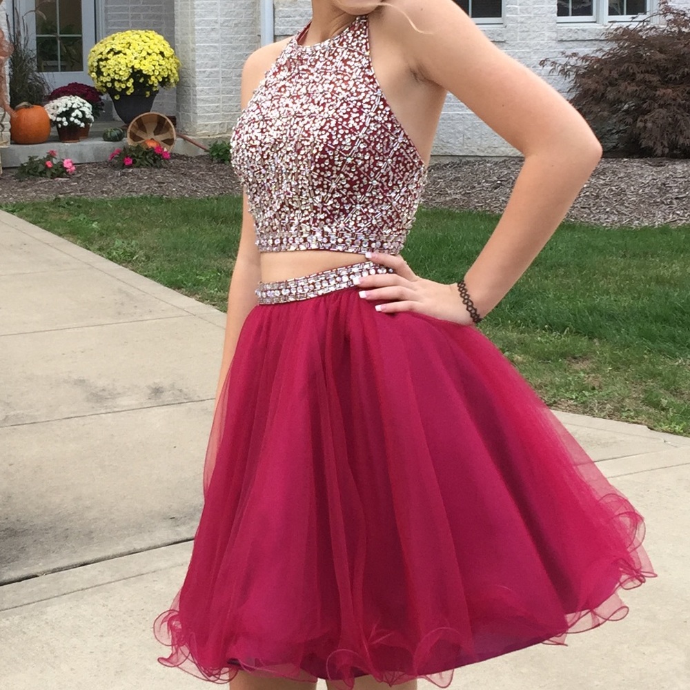 Red two piece beaded homecoming dress
